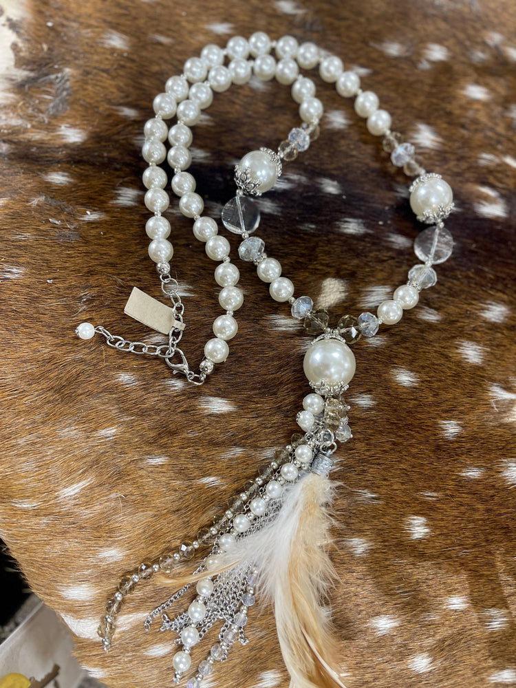 Long Feather Crystal Pearls Necklace