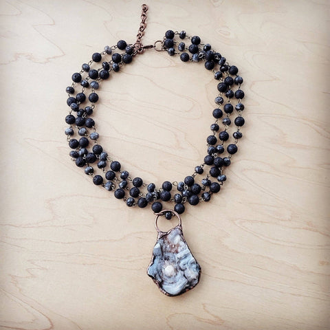 Labradorite Triple Strand Collar Necklace & Natural Agate Pendant