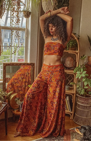 Boho Silk Palazzo Pants (Red Flower)