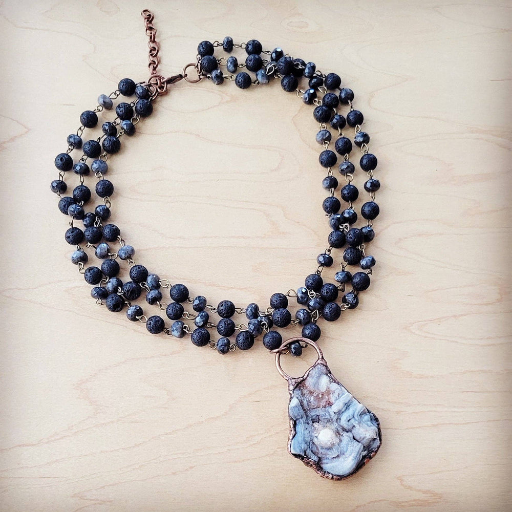
                  
                    Load image into Gallery viewer, Labradorite Triple Strand Collar Necklace &amp;amp; Natural Agate Pendant
                  
                