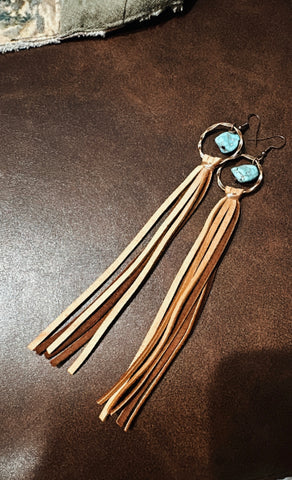 Turquoise Drop Earrings Leather Tassel