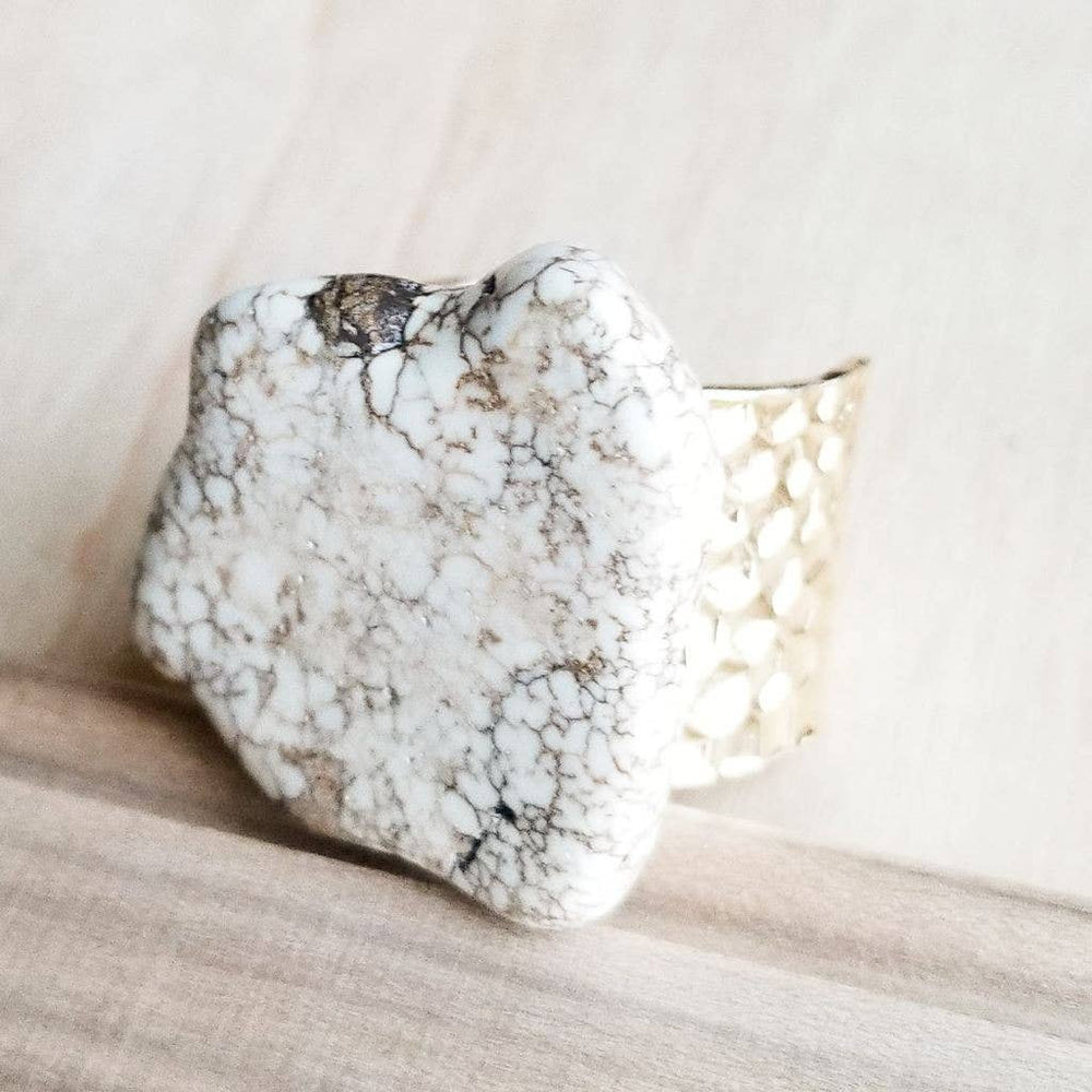 White Turquoise Hammered Gold Cuff Ring