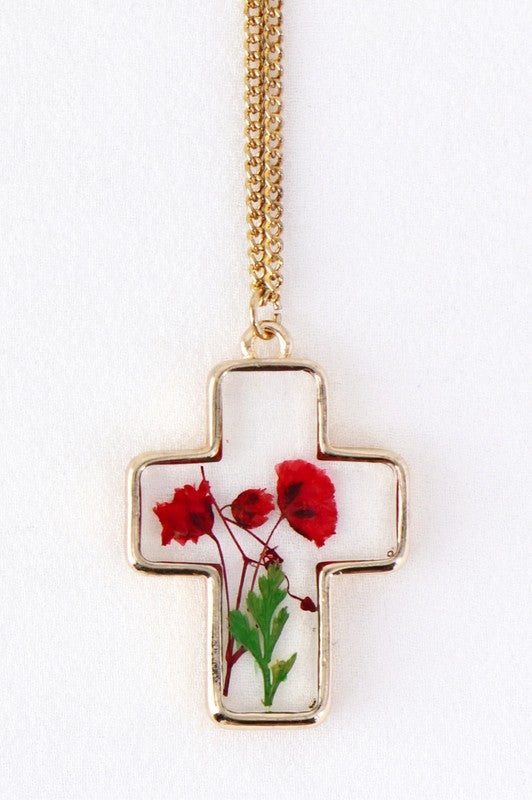 Real Dried Flowers Botanical Cross Necklace (Handcrafted)