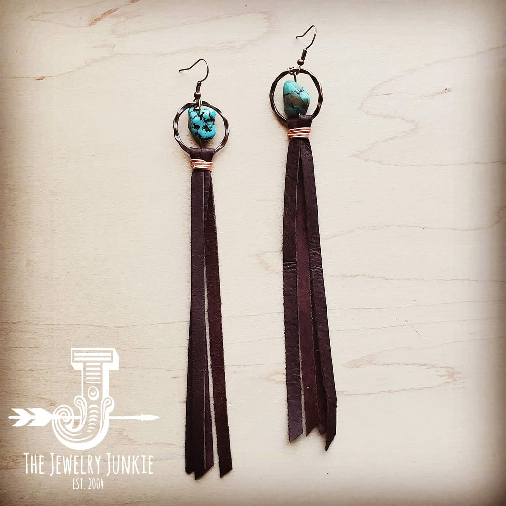 Turquoise Drop Earrings with Brown Leather Tassel